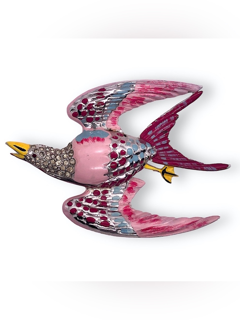 Vintage 30s Enamel Bird Brooch with Crystal Accents